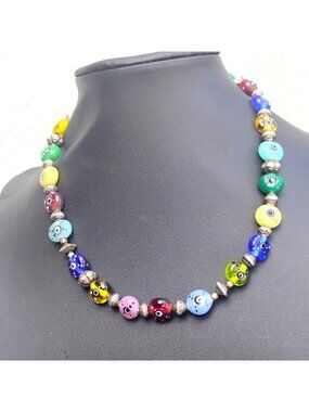 Handmade Italian Murano Glass Millefiori Bead Necklace All Seeing Eye 15"